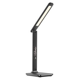 Solight WO45-B LED stolní lampička s displejem, 9W, volba teploty světla, kůže, černá